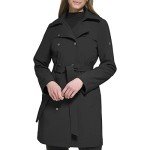 Calvin Klein Women's Double Breasted Belted Rain Jacket with Removable Hood, Deep Black, Small