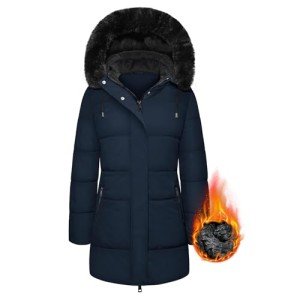 Women's Winter Jacket Mid-Length Puffer Down Coat Waterproof Parka with Removable Hood Thicken Outerwear(Navy Blue,M)