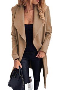 YMING Ladies Turn Down Shawl Collar Coats Classic Wool Blend Trench Coat Long Sleeve Belted Jackets Camel XL