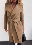 YMING Ladies Turn Down Shawl Collar Coats Classic Wool Blend Trench Coat Long Sleeve Belted Jackets Camel XL