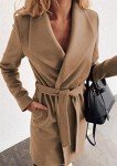 YMING Ladies Turn Down Shawl Collar Coats Classic Wool Blend Trench Coat Long Sleeve Belted Jackets Camel XL