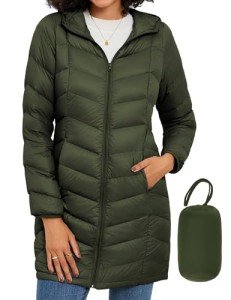 SLOW DOWN Women Lightweight Down Puffer Coat, Women Hooded Mid-Length Packable Winter Jacket with Packing Bag (Olive Green,M)