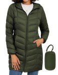 SLOW DOWN Women Lightweight Down Puffer Coat, Women Hooded Mid-Length Packable Winter Jacket with Packing Bag (Olive Green,M)