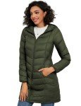 SLOW DOWN Women Lightweight Down Puffer Coat, Women Hooded Mid-Length Packable Winter Jacket with Packing Bag (Olive Green,M)