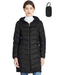 SLOWTOWN Women’s Lightweight Puffer Coat Long Hooded Puffer Jakcet Packable Warm Winter Coat (Dark Black, Small)