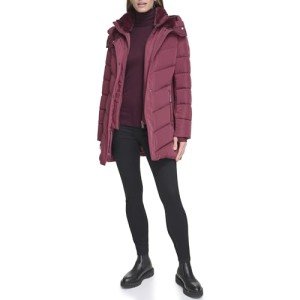 Calvin Klein Women's Long Bib-Front Puffer Jacket, Oxblood, Medium