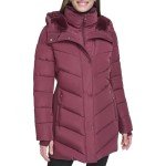 Calvin Klein Women's Long Bib-Front Puffer Jacket, Oxblood, Medium