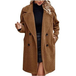 Women's 2024 Winter Coats Faux Fur Long Sleeve Lapel Overcoat Fuzzy Fleece Outerwear Button down Sherpa Jackets, Brown, Medium
