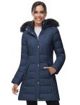 SLOW DOWN Women Winter Down Puffer Coat Warm Hooded Mid-Length Down Jacket for Women with Faux Fur Trim Hood and Pile Collar (Navy, L)