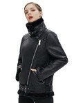 LY VAREY LIN Women's Faux Shearing Moto Jacket Thick Lined Parka Winter Shearling Coat Leather Jacket (M, Black)