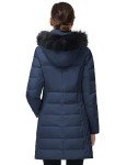 SLOW DOWN Women Winter Down Puffer Coat Warm Hooded Mid-Length Down Jacket for Women with Faux Fur Trim Hood and Pile Collar (Navy, L)
