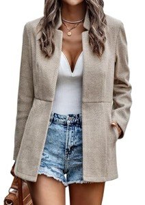 Jhsnjnr Women's Business Work Long Sleeve Trench Wool Coat with Pockets Open Front Casual Long Blazer Jacket Apricot