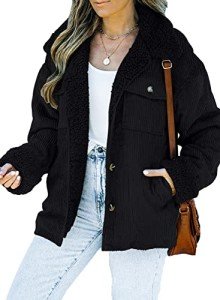 Dokotoo 2024 Autumn Winter Corduroy Trucker Jacket Coat for Women Turn-Down Collar Button Down Long Sleeve Soft Sherpa Lined Thick Solid Loose Fit Winter Outwear Black L
