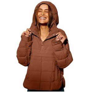 Women Quilted Pullover Puffer Jacket Oversized Casual Long Sleeve Hooded Coats Winter Warm Outwear with (Brown, L)
