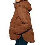 Women Quilted Pullover Puffer Jacket Oversized Casual Long Sleeve Hooded Coats Winter Warm Outwear with (Brown, L)