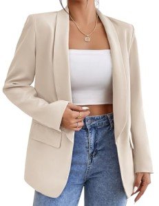Dazosue Women Shawl Collar Blazer Casual Open Front Buttonless Flap Pocket Business Office Suit Jacket Beige M