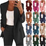 TIMIFIS Blazer Suit Set for Women Plus Size Lapel Jackets Long Pants Work Official Lounge Set Casual 2 Piece Blazer Suits Black