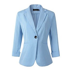 Womens 3/4 Sleeve Lightweight Office Work Suit Jacket Boyfriend Blazer (1906 Light Blue, L)