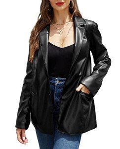 RISISSIDA Women Faux Leather Blazer Jacket Vegan Pleather Coat Black 21002 M