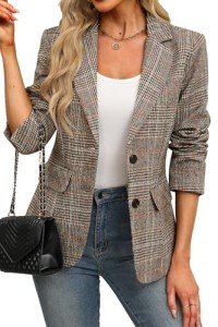 ELLEVEN Women's Lapel Collar Plaid 2 Button Boyfriend Blazer Suit Houndstooth Work Office Blazer Jacket, A-brown Plaid, Medium