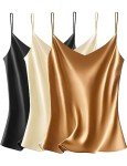 VIDUSSA Womens V Neck Camisole Silk Satin Cami Tank Tops Casual Sleeveless Shirt Blouses Pack 3 Pack Black+Champagne+Khaki L