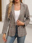 ELLEVEN Women's Lapel Collar Plaid 2 Button Boyfriend Blazer Suit Houndstooth Work Office Blazer Jacket, A-brown Plaid, Medium