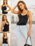 VIDUSSA Womens V Neck Camisole Silk Satin Cami Tank Tops Casual Sleeveless Shirt Blouses Pack 3 Pack Black+Champagne+Khaki L