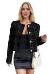 Mina self Womens 2024 Fall Cropped Tweed Blazer Jacket Open Front Collarless Casual Business Work Office Plaid Suit Pockets, Black, X-Large