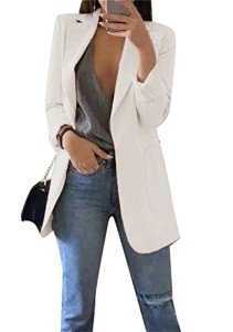 YMING Women's Open Front Slim Fit Blazer Lightweight Solid Color Jackets Business Blazer with Pocket White M