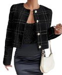 Mina self Womens 2024 Fall Cropped Tweed Blazer Jacket Open Front Collarless Casual Business Work Office Plaid Suit Pockets, Black, X-Large