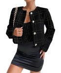 Mina self Womens 2024 Fall Cropped Tweed Blazer Jacket Open Front Collarless Casual Business Work Office Plaid Suit Pockets, Black, X-Large