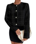 Mina self Womens 2024 Fall Cropped Tweed Blazer Jacket Open Front Collarless Casual Business Work Office Plaid Suit Pockets, Black, X-Large