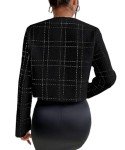 Mina self Womens 2024 Fall Cropped Tweed Blazer Jacket Open Front Collarless Casual Business Work Office Plaid Suit Pockets, Black, X-Large