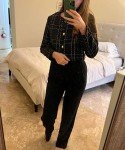 Mina self Womens 2024 Fall Cropped Tweed Blazer Jacket Open Front Collarless Casual Business Work Office Plaid Suit Pockets, Black, X-Large