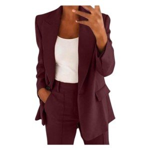 TIMIFIS Blazer Suits for Women 2 Piece Business Professional Work Suits Lapel Blazer Jackets Loose Long Pants with Pockets Coffee
