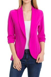 MINEFREE Women's 3/4 Ruched Sleeve Lightweight Work Office Blazer Jacket (S-3XL), Berry, XX-Large