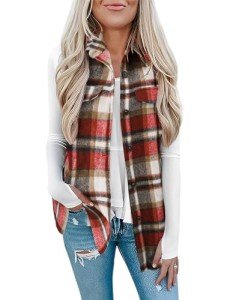 BETTE BOUTIK Women's Plaid Vest Coat Casual Lapel Neck Button Front Sleeveless Blazer Jacket Outerwear-Wine-XL