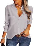 AISEW Womens Casual Button Down Shirts V Neck Chiffon Long Sleeve Collared Office Work Blouses Tops with Pocket (Gray, Small)