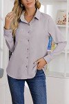 AISEW Womens Casual Button Down Shirts V Neck Chiffon Long Sleeve Collared Office Work Blouses Tops with Pocket (Gray, Small)