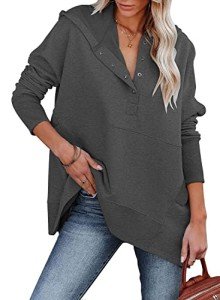 MODARANI Women's Hoodies Button up V Neck Pullover Sweatshirt Oversized Tops with Pockets Dark Grey