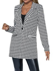 Floerns Women's Casual Work Office Open Front Striped Blazer, Black White Houndstooth, Medium