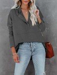 MODARANI Women's Hoodies Button up V Neck Pullover Sweatshirt Oversized Tops with Pockets Dark Grey