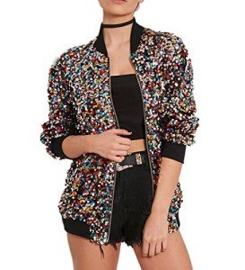 Cresay Women's Sequin Fitted Long Sleeve Zipper Blazer Bomber Jacket, Colour Sequins, Medium