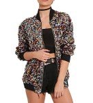 Cresay Women's Sequin Fitted Long Sleeve Zipper Blazer Bomber Jacket, Colour Sequins, Medium