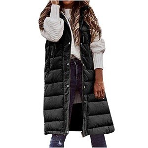 Long Puffer Vest Women Plus Size 2024 Trendy Warm Coats Hooded Overcoats Solid Sleeveless Outwear with Pockets