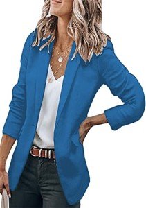 BOFETA Womens Long Sleeve Pocket Blazers Office Jacket Casual Solid Lapel Button Blazer Blue XL