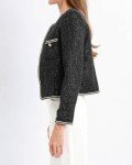 Xintianji Womens Open Front Cropped Blazer Jacket - Sparkling Yarn Pockets Long Sleeve Business Casual Blazer Black
