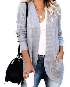 Flovey Womens Long Sleeve Open Front Cardigans Chunky Knit Draped Sweaters Outwear with Pockets Gray