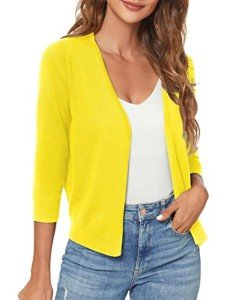 Urban CoCo Women's 3/4 Sleeve Open Front Cropped Sweater Cardigan (Lemon Yellow, l)