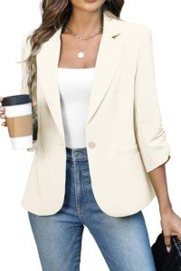 ELLEVEN Women's Ruched 3/4 Sleeve Blazers, Lightweight Slim Fit Suits with Padded Shoulder for Business Casual, Cream White, Medium